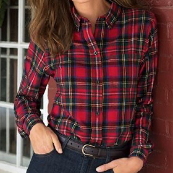 Ll Bean Scotch Plaid Red Flannel Shirt 